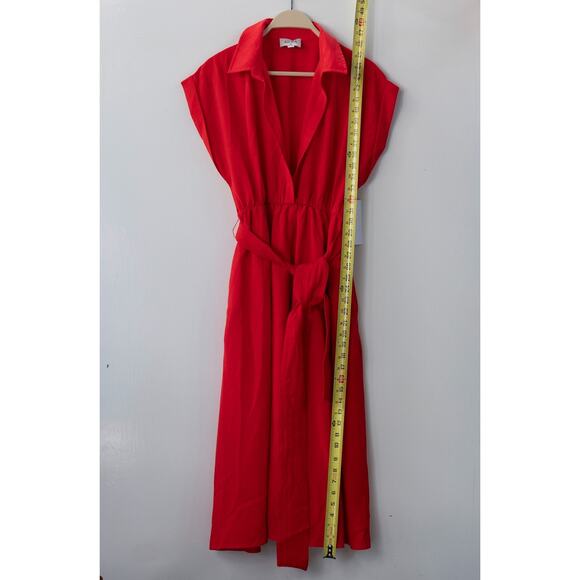 NWT Aura Red Dress Belted with Collar Capped Sleeves Size Small - Picture 2 of 8